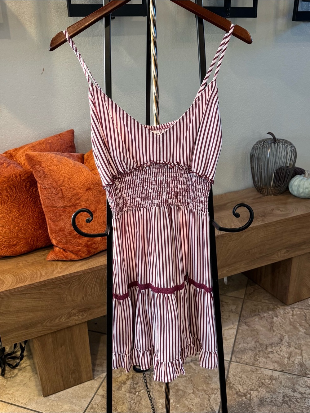 No Boundaries Burgundy and White Striped Spaghetti-Strap Slip